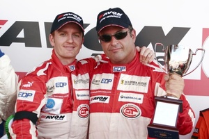 Chris with Tim Mullen celebrating victory in the 2006 British GT Championship at Brands Hatch