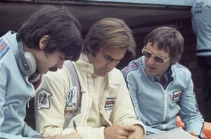 Gordon with Carlos Reutermann and Bernie Ecclestone with the BT44B-Ford at Zolder, 1975