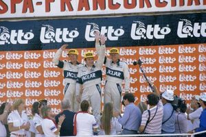 Hans on the podium at the 1984 Spa 24H race with his Jaguar XJ-S co drivers Tom Walkinshaw and Win Percy