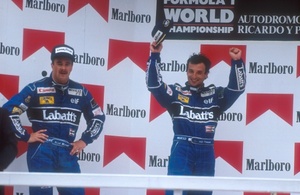 Richardo with Nigel Mansell celebrating victory at the 1991 Mexican Grand Prix